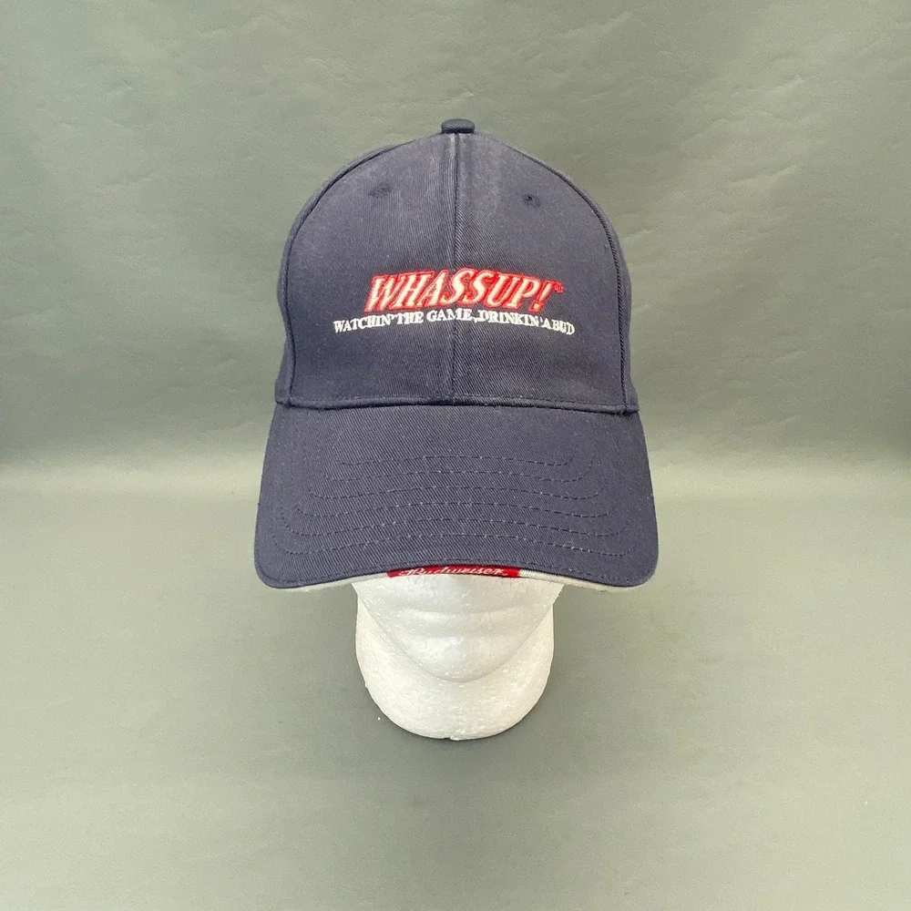 Vintage 2002 Budweiser Whassup Hat Cap Drew Pearson Anheuser Busch Navy Blue